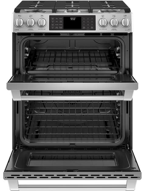 Ge Cafe Stainless Steel Slide In Double Oven Gas Range Cgs995selss
