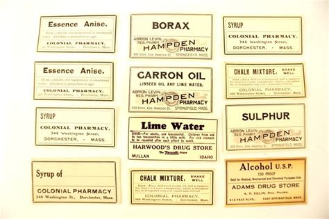 Antique Medicine Apothecary Pharmacy Labels Black And White Set Of 12
