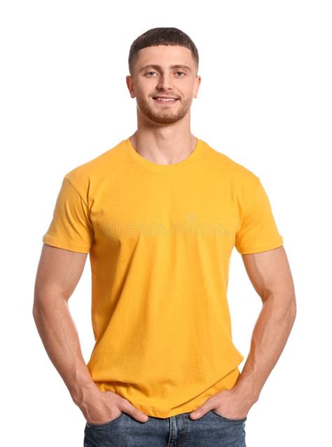 Man Wearing Yellow T Shirt On White Background Mockup For Design Stock