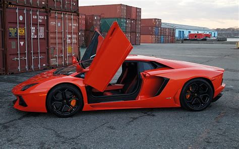 Hd Wallpaper Orange Lamborghini Aventador Coupe Side View Containers