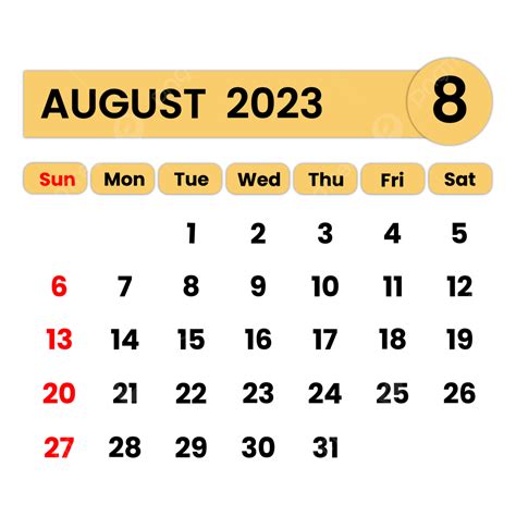 August 2023 Calendar Yellow Color August 2023 Calendar Monthly
