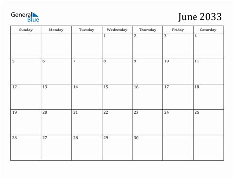 June 2033 Monthly Calendar Pdf Word Excel