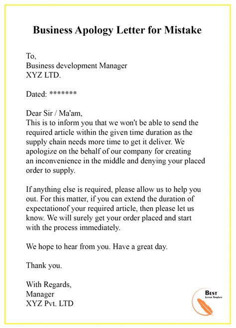 Apology Letter Template For Mistake Format Sample Example