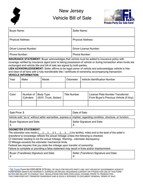 Free New Jersey Car Bill Of Sale Template Fillable Forms
