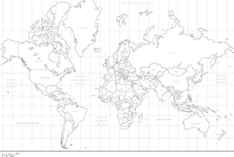 World Black And White Mercator Projection World Map With Countries