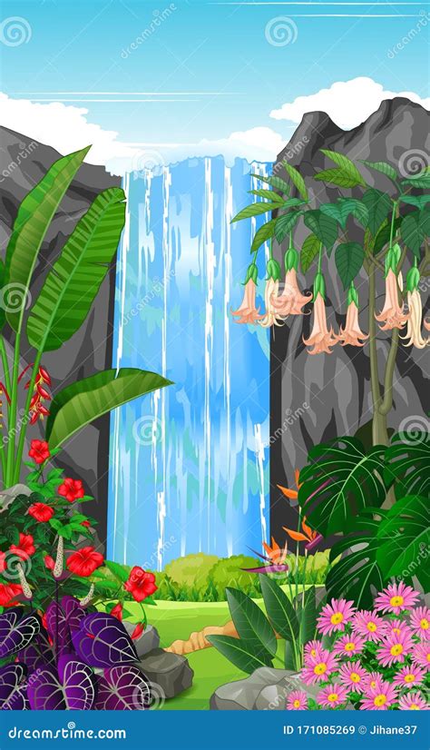 Tropical Forest With Waterfall And Ivy Flower Cartoon Stock Vector