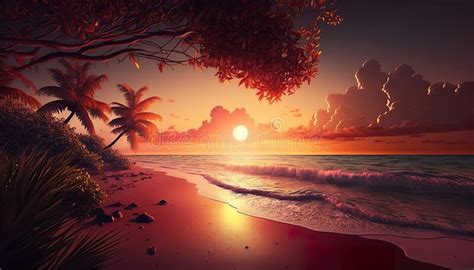 Illustration Of Tropical Beach With Sunset In Cinematic Mood Stock