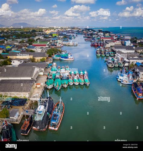 Aerial View Of Fishery Boat Floating At River Pier In Rayong Eastern Of
