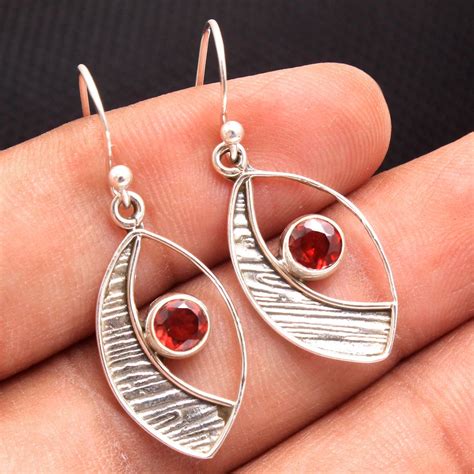 Faceted Red Garnet Handmade Earring Sterling Silver Women Jewelry