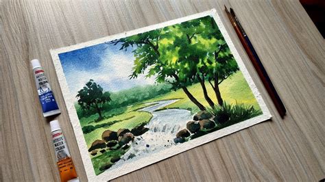 Beautiful Riverside Scenery Painting With Watercolor Easy Paint With