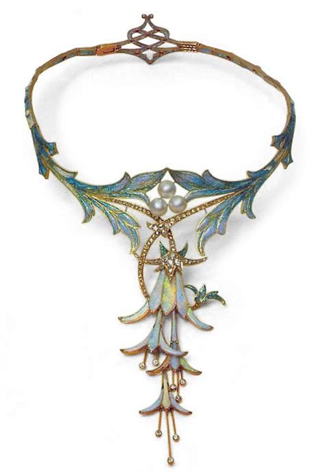 Art Nouveau 18k Gold Floral Enameled Necklace With Opals Pearls And