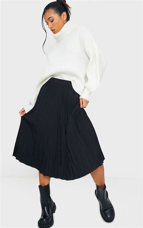 Black Woven Pleated Midi Skirt Skirts Prettylittlething Uae