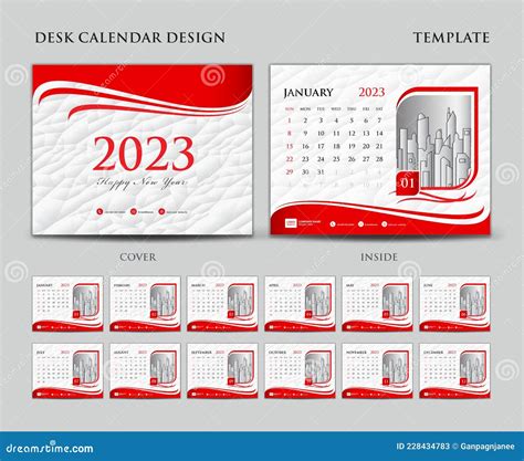 Desk Calendar 2023 Template Set Cover Design Red Background Wall