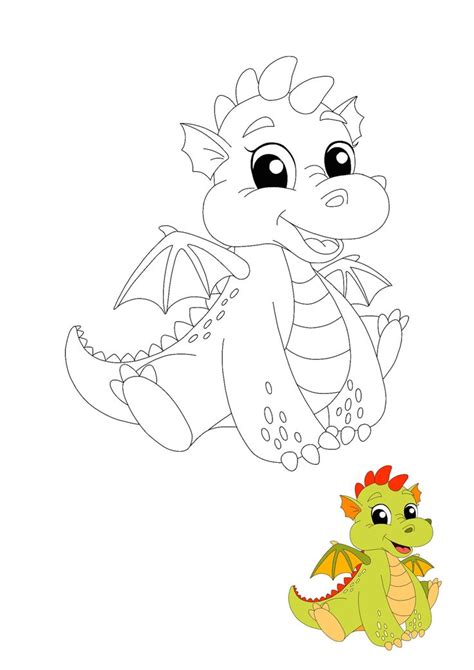 Cute Kawaii Dragon coloring page with a sample | Dragon coloring page