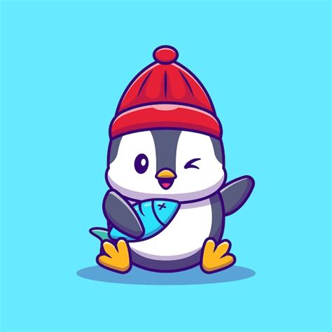 Free Vector Cute Penguin With Fish Cartoon Vector Illustration