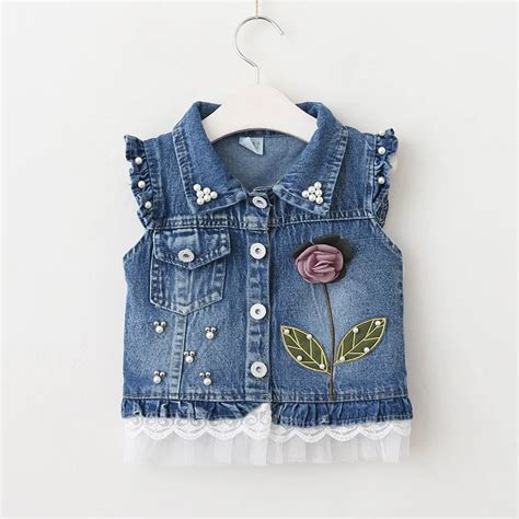 4134 Cute Pearls Flowers Embroidery Denim Girls Vest Princess Baby