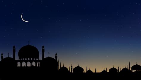 Ramadan Card With Mosques Domecrescent Moon On Blue Sky Background