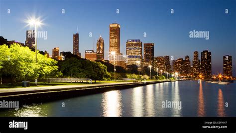 The Chicago Skyline Just After Sunset On A Hot Summers Day In Illinois