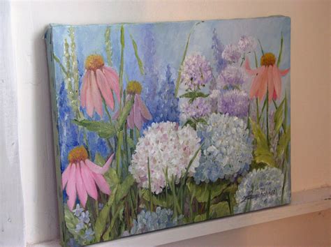 Hydrangea Garden Flowers Nature Art Original Oil Painting Coneflower