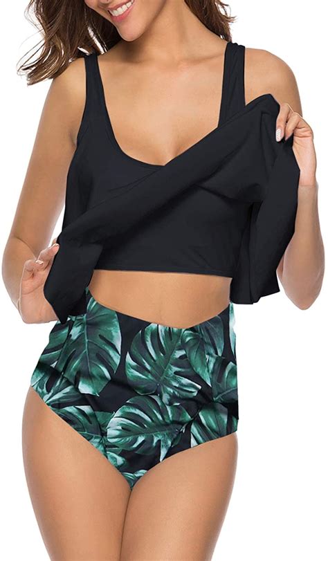 I2crazy Women High Waisted Swimsuit Two Piece Ruffled 09black Leaf Size Ebay