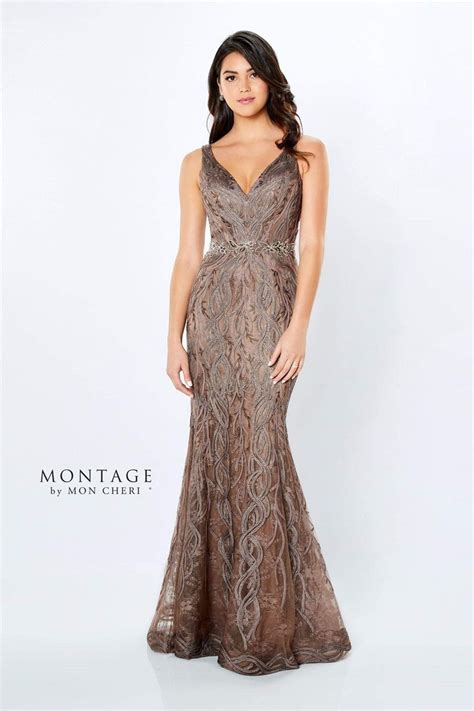 Montage By Mon Cheri 120921 Metallic Ribbon Plunging V Neck Gown