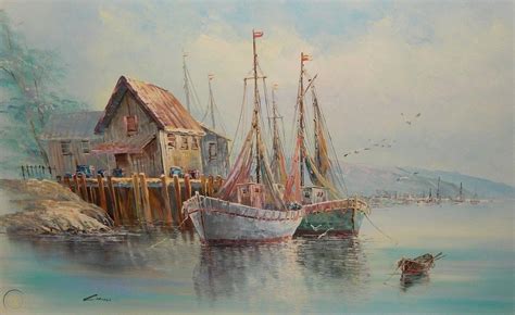 Luini Oil Painting Fishing Boats Dock Wharf Harbor Seagulls Scene