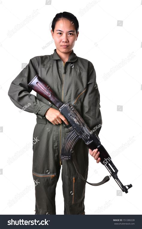 Women Wear Jumpsuit Holding Gun Kalashnikov Stock Photo 151280228