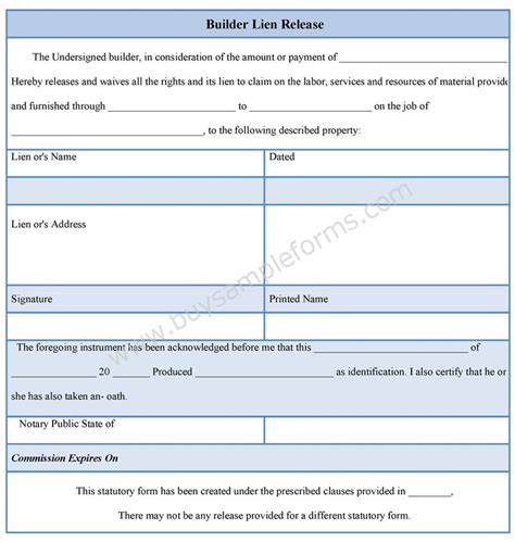 builder lien release form sample forms