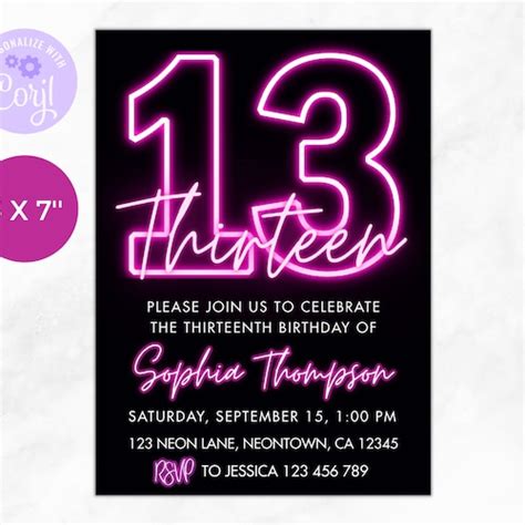 13th Birthday Invitation Pink Neon Birthday Invitation Etsy