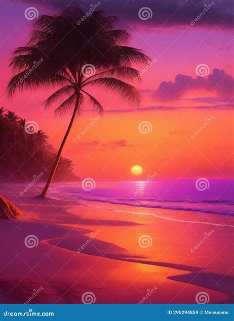 Calm Beach Scene At Sunset Waves And Palm Trees Illustration Stock