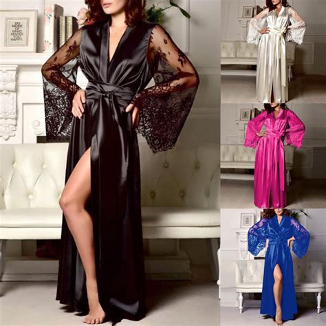 ♥yar♥sexy women lace long sleeve silky kimono robe sleepwear nightgown dress bathrobe shopee