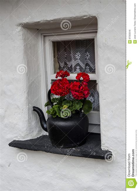 Old Kettle On A Cottage Windowsill Stock Photo Image Of Flowers