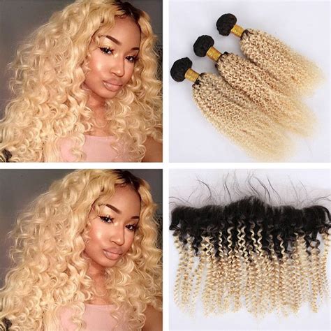2020 Dark Root Kinky Curly Indian Virgin Hair Weaves With Lace Frontal Ombre Blonde 1b 613 Afro