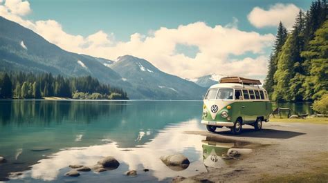 Premium Ai Image A Vintage Camper Van Parked Beside A Tranquil Lake