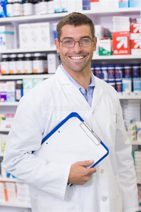 Happy Pharmacist Holding Clipboard Stock Image Image Of Pharmacy