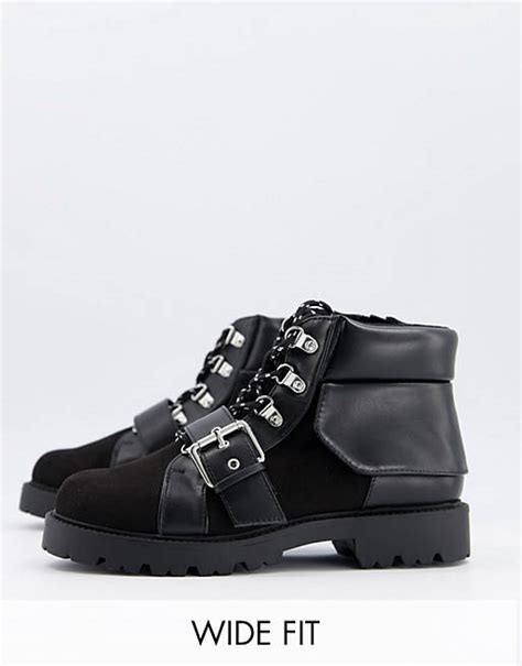 asos design wide fit angelo lace up hiker boots in black asos