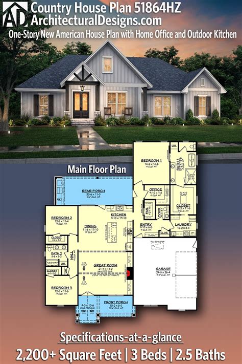 One Story New American House Plan With Home Office And Outdoor Kitchen