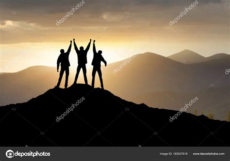 Silhouettes Team Mountain Peak Sport Active Life Concep Stock Photo By