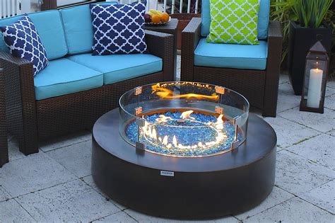 Akoya Outdoor Essentials 42 Round Modern Concrete Fire Pit Table W Glass Guard And Crystals Set