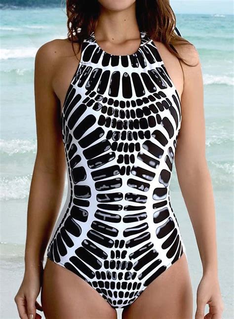 Womens Halter High Neck One Piece Swimsuit Geometric Criss Cross Padded Sleeveless Monokini