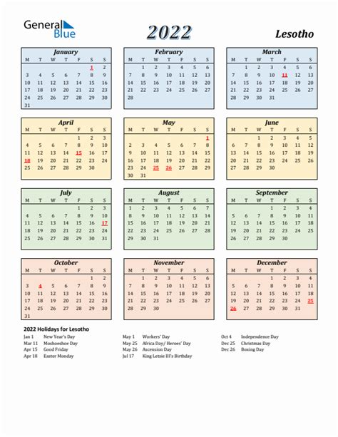 2022 Holiday Calendar For Lesotho Monday Start