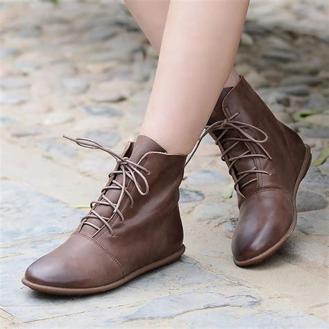 Oxfords For Women Lace Up Flat Sole Ankle Boots Handmade Waxing Leather