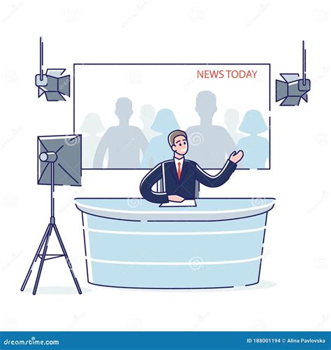 Male Newscaster Reporting Tv News Sitting In Studio Cartoon Male