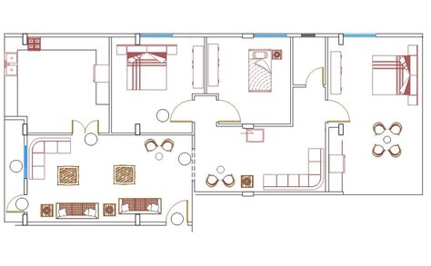 3 Bhk Apartment House With Interior Furniture Layout Plan Autocad File