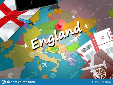 England Travel Concept Map Background With Planes Tickets Visit