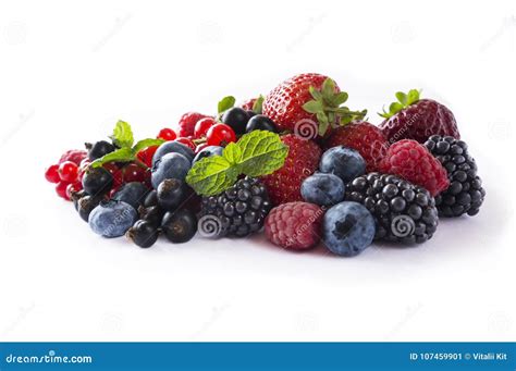 Mix Berries Isolated On A White Ripe Blueberries Blackberries Red
