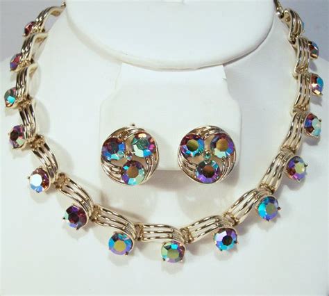 Vintage Kramer Rhinestone Jewelry Set Necklace Clip On Earrings Aurora