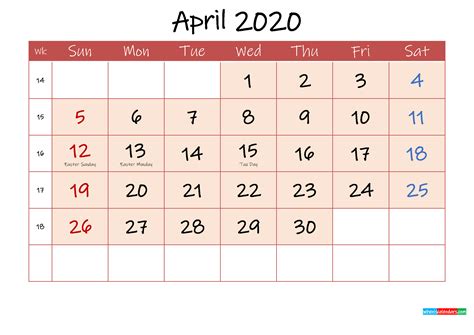 April 2020 Free Printable Calendar With Holidays Template Ink20m112