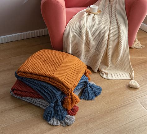Orange Knitted Throw Blanket Tassel Pom Pom Blanket Pure Color Etsy