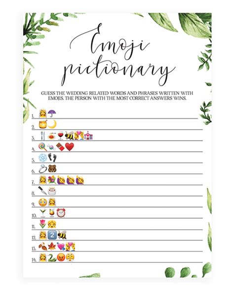 Free bridal shower games that aren't lame and your guests will actually enjoy playing. Bridal Shower Emoji Pictionary Botanical Theme - RE1